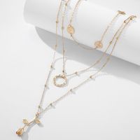 Fashion Golden Rose Flower 3-layer Necklace Printing Human Head Wave Circle Sequin Necklace Women main image 4