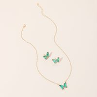 Simple New  Gold Simple Acrylic Diamond Sen Butterfly Pendant Earrings Necklace Clavicle Chain Set main image 4