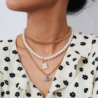 Creative Popular Jewelry Multi-layer Diamond Lock Pendant Necklace Fashion Simple Pearl Necklace Wholesale Nihaojewelry main image 1