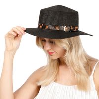 Fashion Summer New Style British Flat Top Hat Leopard Belt Print Fashion All-match Small Along The Ladies Outdoor Shade Straw Hat Nihaojewelry main image 6