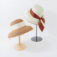 الأزياء الكلاسيكية الفرنسية شقة أعلى الشاطئ القش قبعة المرأة وعاء غطاء مع القوس عقدة الشمس قبعة Nihaojewelry main image 1