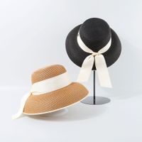 الأزياء الكلاسيكية الفرنسية شقة أعلى الشاطئ القش قبعة المرأة وعاء غطاء مع القوس عقدة الشمس قبعة Nihaojewelry main image 6