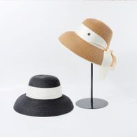 Mode Classique Français Chapeau De Paille De Plage À Dessus Plat Femmes Couverture De Pot Avec Noeud D&#39;arc Crème Solaire Chapeau De Soleil Nihaojewelry main image 4