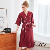 Fashion Simple Silk Pajamas Women Summer Long Red Nightgown Dressing Gown Wholesale Nihaojewelry sku image 3