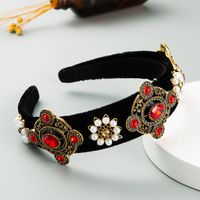 Fashion Baroque Style Black Gold Velvet Rhinestone Headband Retro Wide-brimmed Pearl Headband main image 5