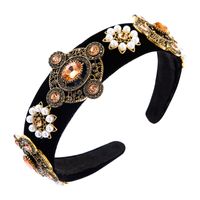 Fashion Baroque Style Black Gold Velvet Rhinestone Headband Retro Wide-brimmed Pearl Headband main image 6