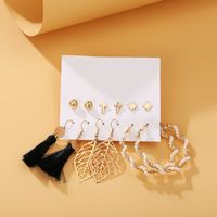New Creative Hollow Leaf Artificial Pearl Tassel Earrings Set 6 Pairs Wholesale Nihaojewelry main image 3