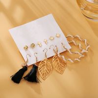 New Creative Hollow Leaf Artificial Pearl Tassel Earrings Set 6 Pairs Wholesale Nihaojewelry main image 4