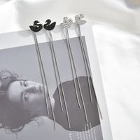 Korean Full Diamond Black Swan Ear Clip Earrings Long Tassel Earrings S925 Silver Needle Wholesale Nihaojewelry main image 3