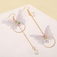 Japanische Und Koreanische Mode, Einfaches Temperament, Lange Asymmetrische Schmetterlings-quasten-ohrringe, Metallkreis-eingelegte Perlen Ohrringe main image 3