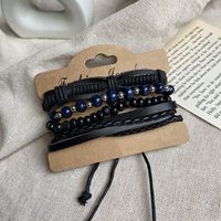 Blue Silver Beaded Black Men's Leather Bracelet 4 Pack Creative Retro Bracelet Wholesale Nihaojewelry main image 2