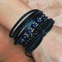 Blue Silver Beaded Black Men's Leather Bracelet 4 Pack Creative Retro Bracelet Wholesale Nihaojewelry main image 3