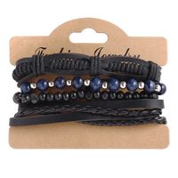 Blue Silver Beaded Black Men's Leather Bracelet 4 Pack Creative Retro Bracelet Wholesale Nihaojewelry sku image 1