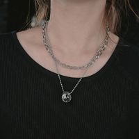 New Titanium Steel Retro Trendy  Double Ring Row Pendant Necklace For Women main image 4