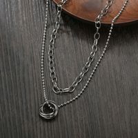 New Titanium Steel Retro Trendy  Double Ring Row Pendant Necklace For Women main image 5