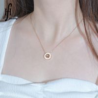 Korean Fashion Trend New Titanium Steel Rose Gold Roman Numeral Circle Pendant Necklace main image 2