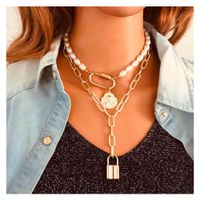 Fashion Multilayer Simple Oval Pearl Beaded Alloy Metal Lock Pendant Necklace For Women main image 1