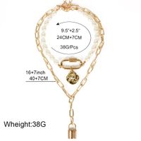 Fashion Multilayer Simple Oval Pearl Beaded Alloy Metal Lock Pendant Necklace For Women main image 6