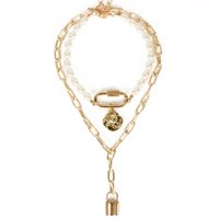 Fashion Multilayer Simple Oval Pearl Beaded Alloy Metal Lock Pendant Necklace For Women sku image 1