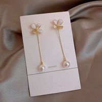 White Flower Drop Oil Diamond Long Pearl 925 Silver Needle Fashion Korean Alloy Earrings main image 4