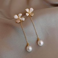 White Flower Drop Oil Diamond Long Pearl 925 Silver Needle Fashion Korean Alloy Earrings main image 5