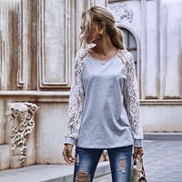 Fashion Stitching Hollow Lace Regular Long-sleeved Round Neck Top For Women main image 1