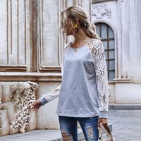 Fashion Stitching Hollow Lace Regular Long-sleeved Round Neck Top For Women main image 3