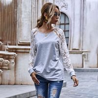 Fashion Stitching Hollow Lace Regular Long-sleeved Round Neck Top For Women main image 4