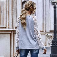 Fashion Stitching Hollow Lace Regular Long-sleeved Round Neck Top For Women main image 5