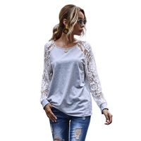 Fashion Stitching Hollow Lace Regular Long-sleeved Round Neck Top For Women main image 6