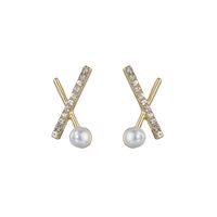 Diamant Croix Perle S925 Argent Aiguille Métal Simple Mode Géométrique Petites Boucles D&#39;oreilles sku image 1