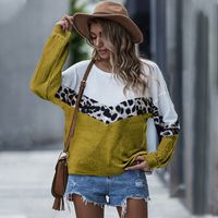 Fashion Autumn New Women's Sweater Leopard Print Contrast Stitching Round Neck Loose Top Long-sleeved T-shirt sku image 1
