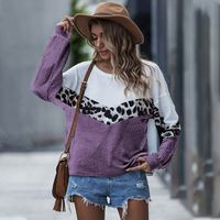 Fashion Autumn New Women's Sweater Leopard Print Contrast Stitching Round Neck Loose Top Long-sleeved T-shirt sku image 5
