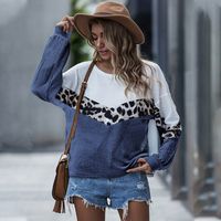 Fashion Autumn New Women's Sweater Leopard Print Contrast Stitching Round Neck Loose Top Long-sleeved T-shirt sku image 9