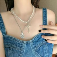 Fashion Hip-hop Style Pearl Diamond Cross Stitching Stacking Retro Clavicle Chain Necklace For Women main image 3