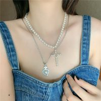 Fashion Hip-hop Style Pearl Diamond Cross Stitching Stacking Retro Clavicle Chain Necklace For Women main image 4