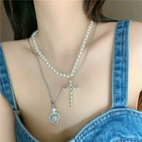 Fashion Hip-hop Style Pearl Diamond Cross Stitching Stacking Retro Clavicle Chain Necklace For Women main image 5