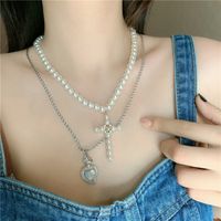 Fashion Hip-hop Style Pearl Diamond Cross Stitching Stacking Retro Clavicle Chain Necklace For Women main image 6