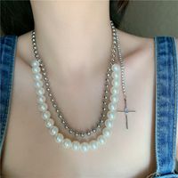 Retro Pearl Double Round Bead Cross Diamond Short Clavicle Chain Necklace For Women main image 3