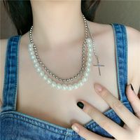 Retro Pearl Double Round Bead Cross Diamond Short Clavicle Chain Necklace For Women main image 4