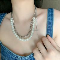 Retro Pearl Double Round Bead Cross Diamond Short Clavicle Chain Necklace For Women main image 5