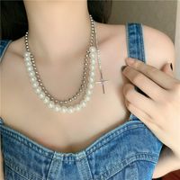 Retro Pearl Double Round Bead Cross Diamond Short Clavicle Chain Necklace For Women main image 6
