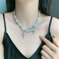 Crystal Universe Pearl Necklace Angel Wings Rhinestones Wild Cross Gemstone Necklace main image 2