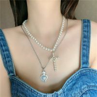 Fashion Hip-hop Style Pearl Diamond Cross Stitching Stacking Retro Clavicle Chain Necklace For Women sku image 2