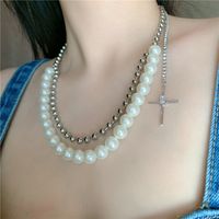 Retro Pearl Double Round Bead Cross Diamond Short Clavicle Chain Necklace For Women sku image 1