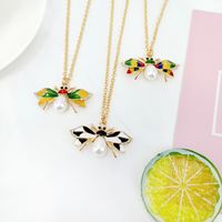 New Fashion Simple Alloy Painting Oil Bee Pearl Rhinestone Insect Shape Necklace Pendant main image 3