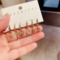 Korean Simple Zircon Micro-inlaid Mans Star Key Planet Earrings 6-piece Set main image 6
