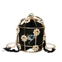 Fashion Pearl Sun Flower Hollow Black Rhinestone Handmade Portable Birdcage Dinner Basket Bag sku image 4
