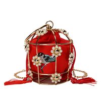 Fashion Pearl Sun Flower Hollow Black Rhinestone Handmade Portable Birdcage Dinner Basket Bag sku image 5