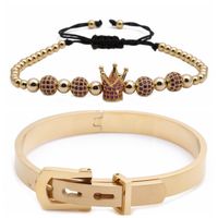 New Hot Sale Stainless Steel Diamond Ball Crown Braided Adjustable Bracelet Set Wholesale Nihaojewelry sku image 12